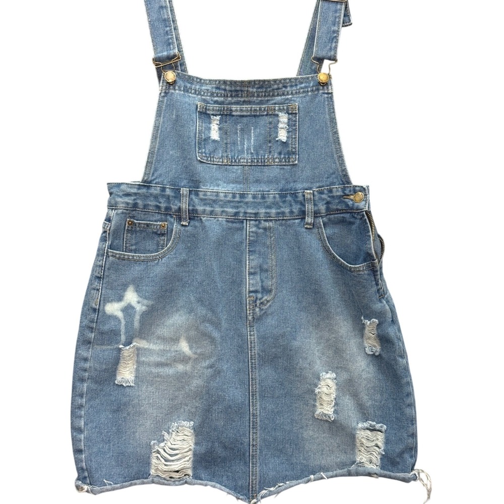 Distressed Denim Overall Skirt Women Size L Blue Jean Mini Streetwear Grunge Y2K